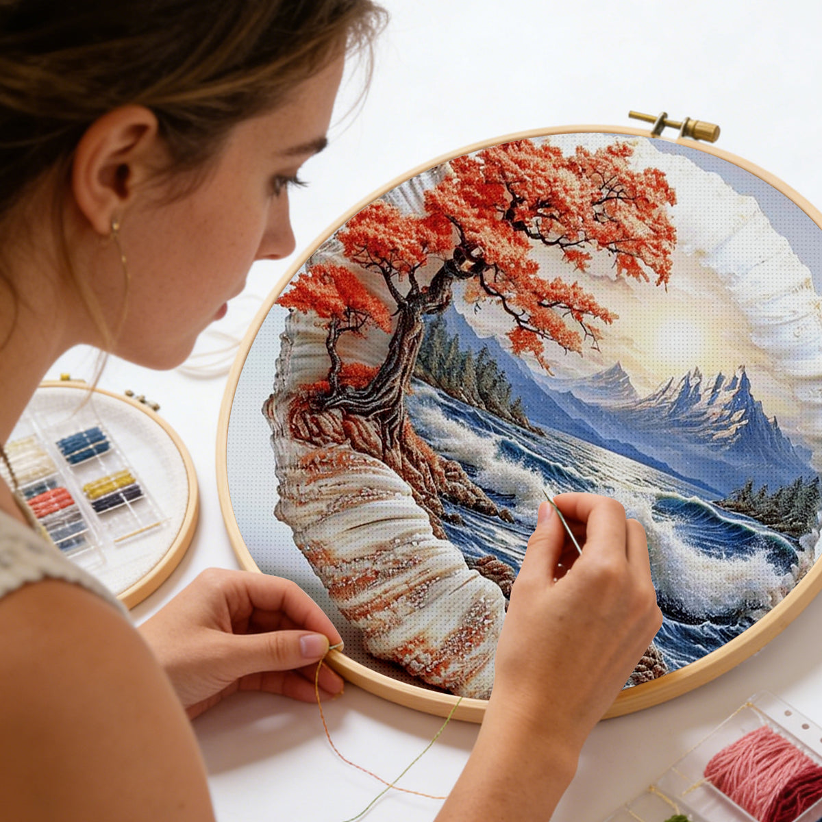 Berge und Meer in einer Muschel - Vollständiges 14CT gestempeltes Kreuzstich-Set 30x30CM - Huacan