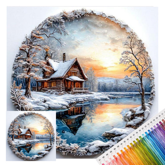 Holzhütte im verschneiten Wald - Komplettes 14CT gestempeltes Kreuzstich-Set 30x30CM - Huacan