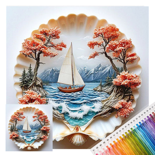 Muschel-Segelboot – Vollständiges 14CT gestempeltes Kreuzstich-Set 30x30CM – Huacan