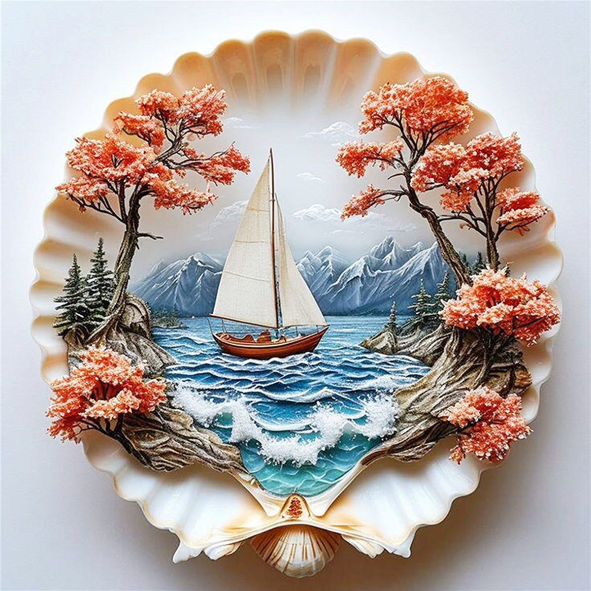 Muschel-Segelboot – Vollständiges 14CT gestempeltes Kreuzstich-Set 30x30CM – Huacan