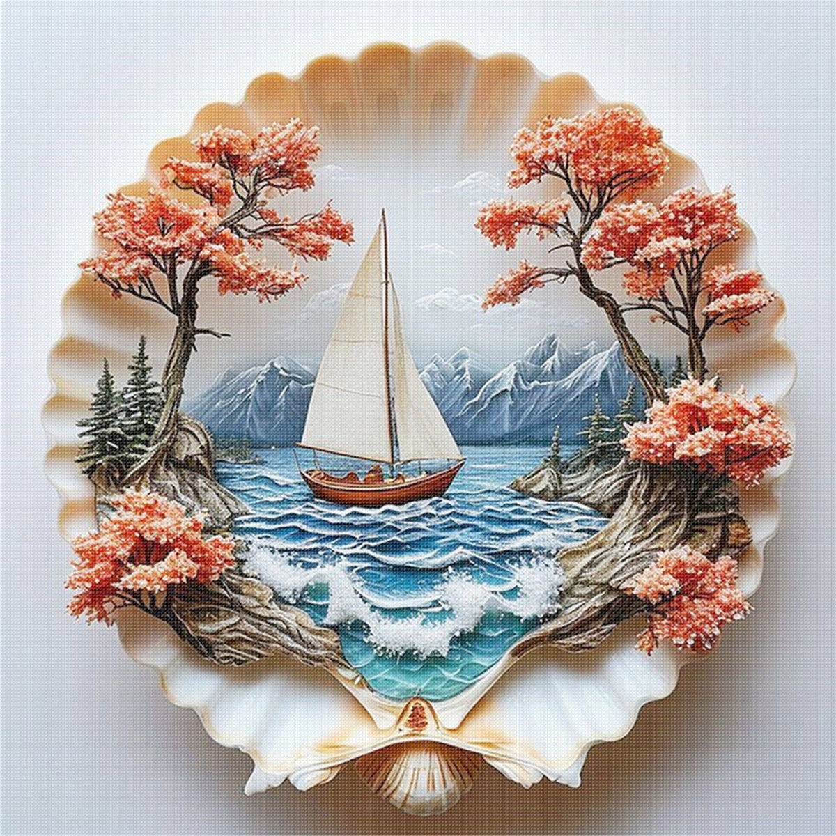 Muschel-Segelboot – Vollständiges 14CT gestempeltes Kreuzstich-Set 30x30CM – Huacan