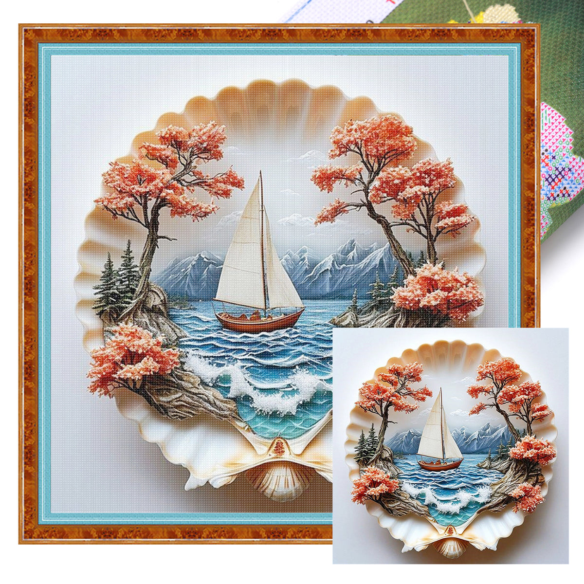Muschel-Segelboot – Vollständiges 14CT gestempeltes Kreuzstich-Set 30x30CM – Huacan
