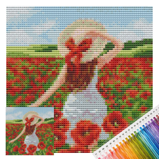 Mädchen im Mohnblumenfeld – Vollständiges 14CT gestempeltes Kreuzstich-Set 20x20 cm – Huacan