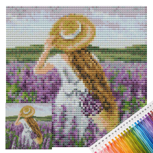 Mädchen im Lavendelfeld - Vollständiges 14CT gestempeltes Kreuzstich-Set 20x20CM - Huacan
