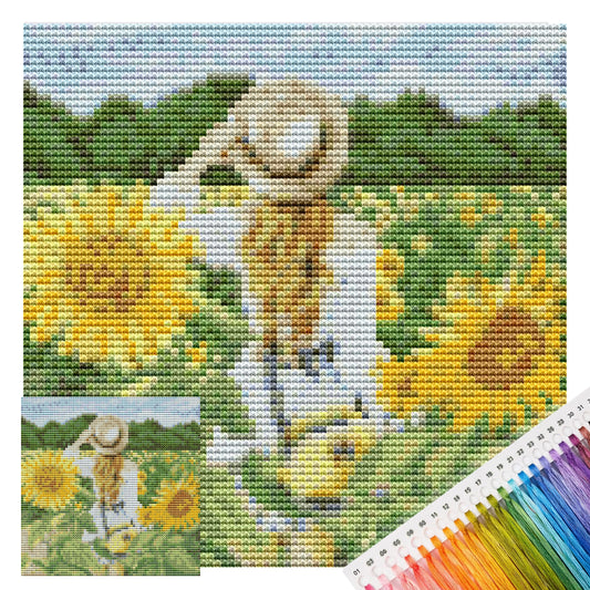 Mädchen im Sonnenblumenfeld - Vollständiges 14CT gestempeltes Kreuzstich-Set 20x20CM - Huacan
