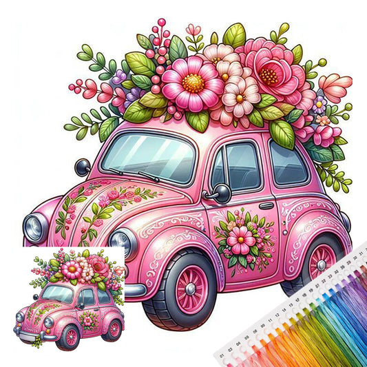 Rosa Blumenwagen - Vollständiges Stempel-Kreuzstich-Set 25x25CM - Huacan