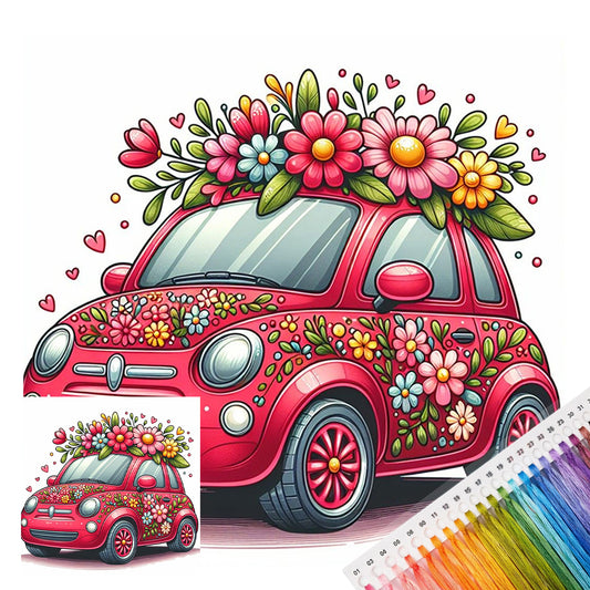 Roter Blumenkarren - Voll besticktes Kreuzstich-Set 25x25cm - Huacan