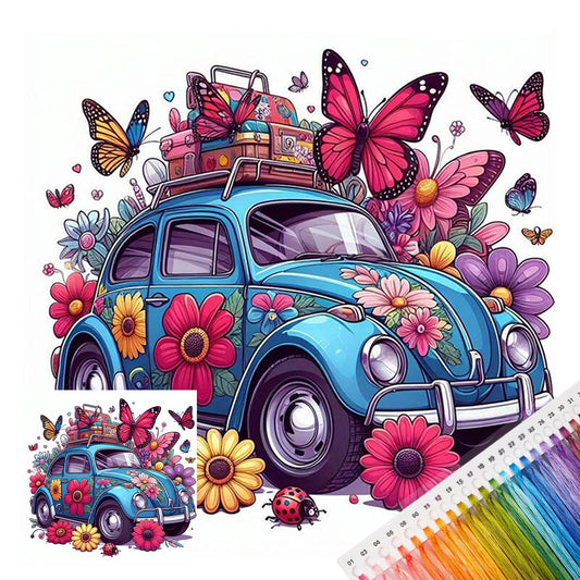 Blaues Reise-Blumenwagen - Vollständiges Stempel-Kreuzstichset 25x25CM - Huacan
