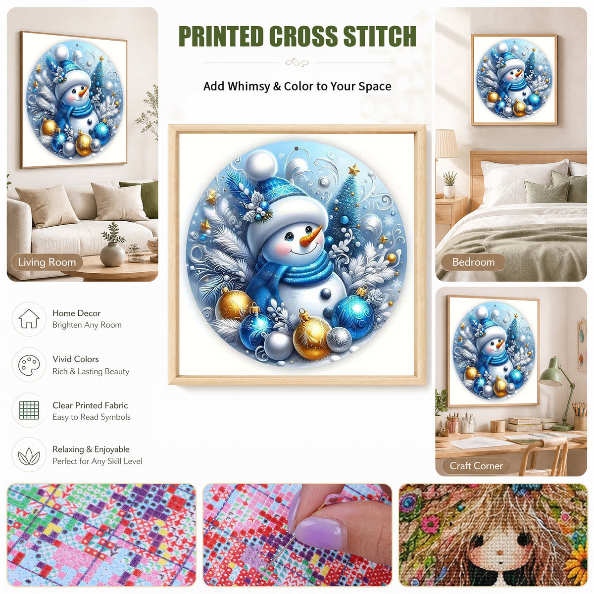 Blau & Gold Weihnachts-Schneemann - Vollständiges Stempel-Kreuzstich-Set 25x25cm - Huacan
