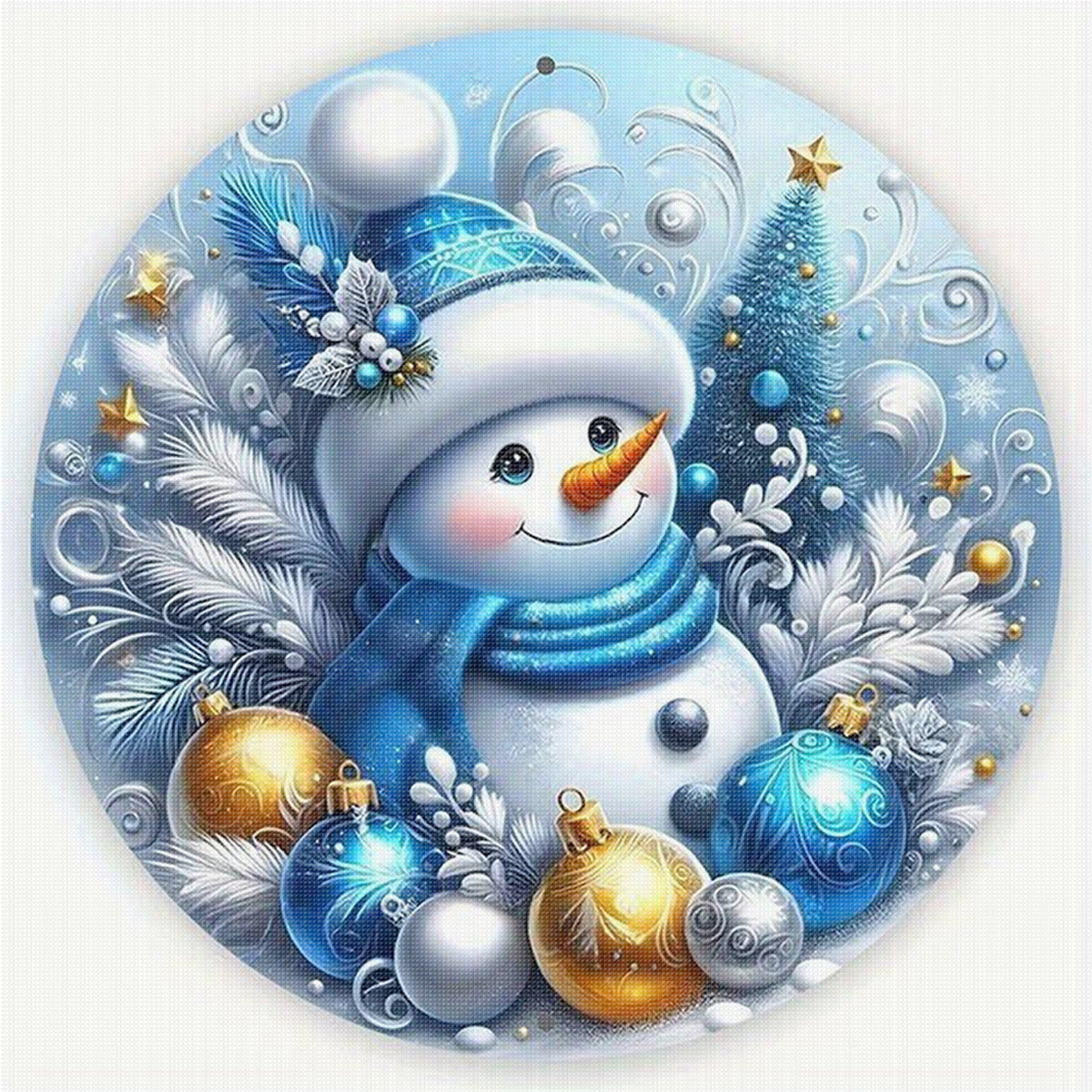 Blau & Gold Weihnachts-Schneemann - Vollständiges Stempel-Kreuzstich-Set 25x25cm - Huacan