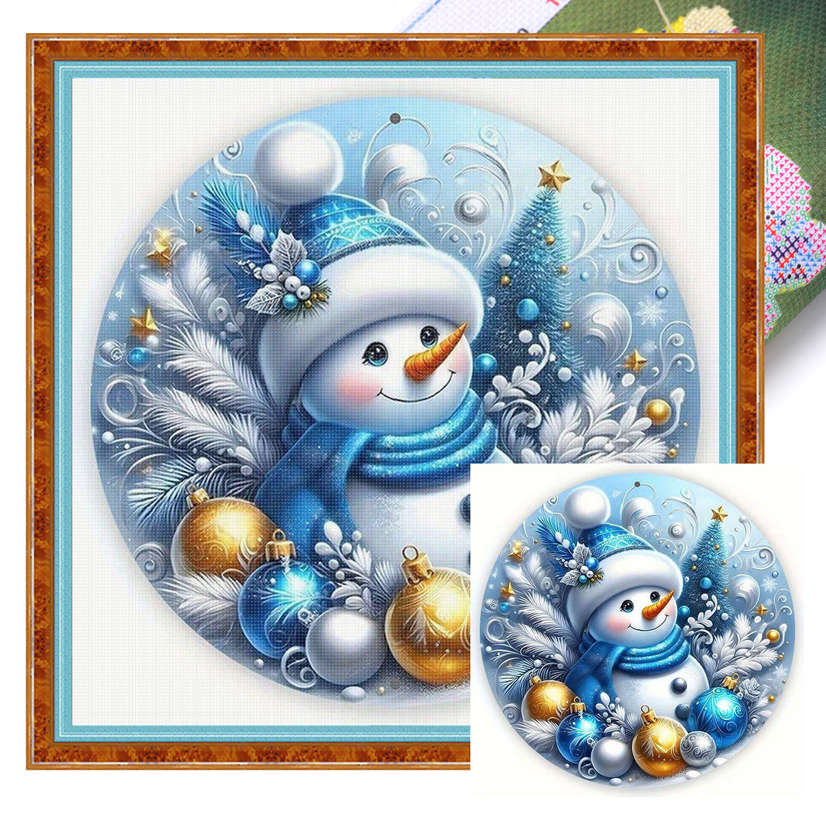 Blau & Gold Weihnachts-Schneemann - Vollständiges Stempel-Kreuzstich-Set 25x25cm - Huacan