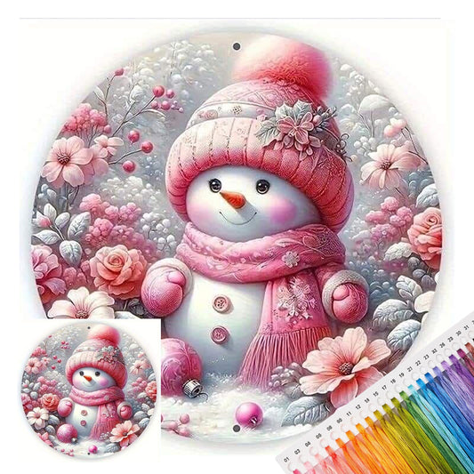 Rosa Blumen-Schneemann – Komplett gestempeltes Kreuzstichset 25x25 cm – Huacan