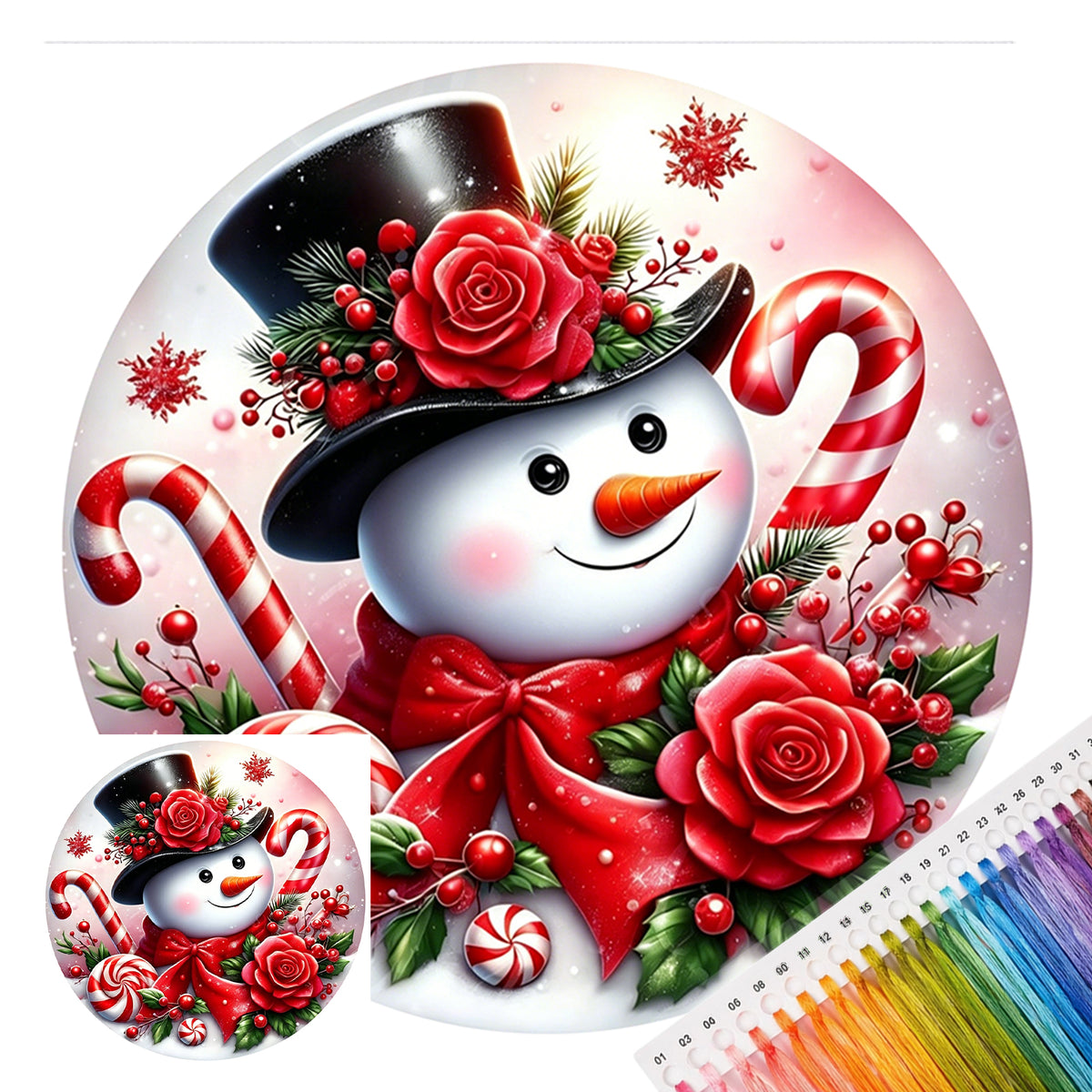 Red Rose Candy Snowman - Full Stamped Cross Stitch 25x25CM - Huacan