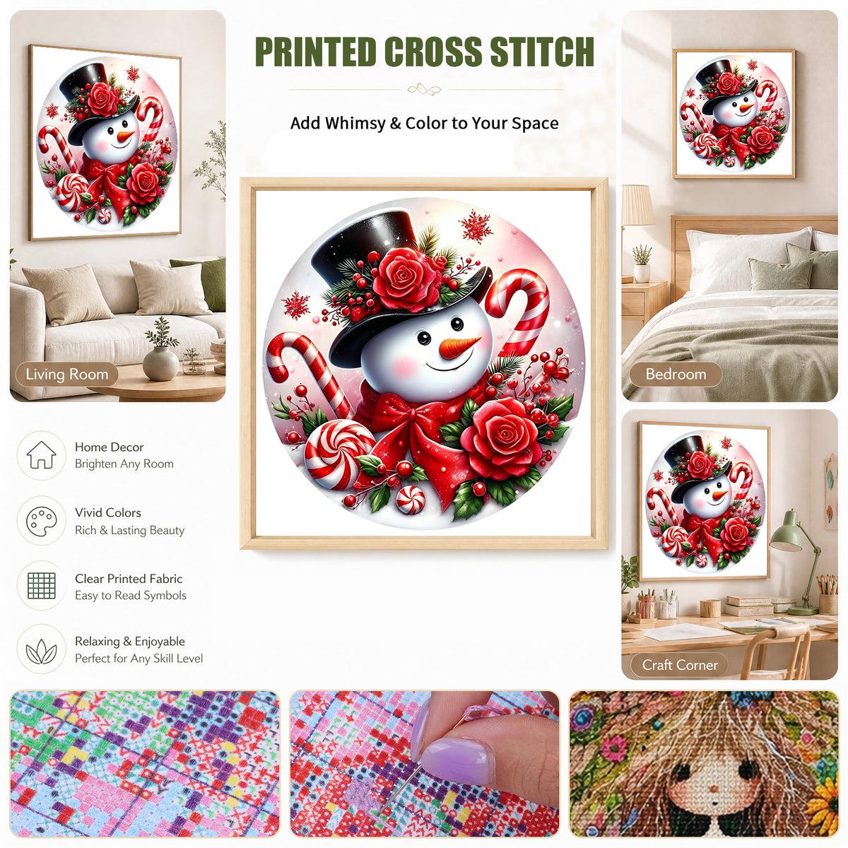 Red Rose Candy Snowman - Full Stamped Cross Stitch 25x25CM - Huacan