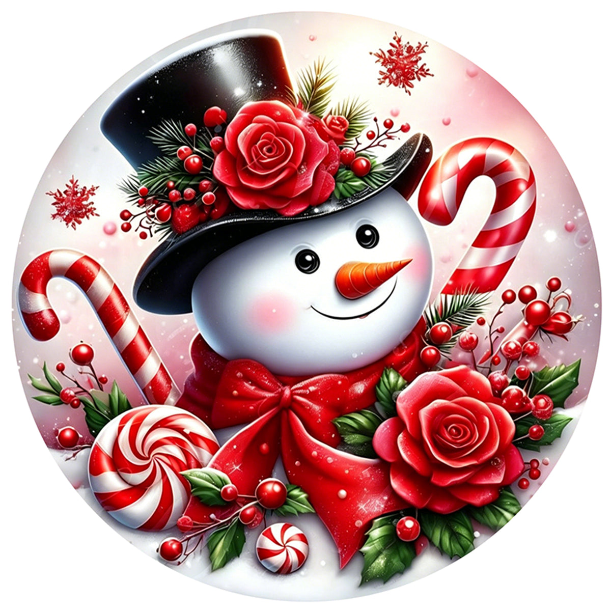 Red Rose Candy Snowman - Full Stamped Cross Stitch 25x25CM - Huacan