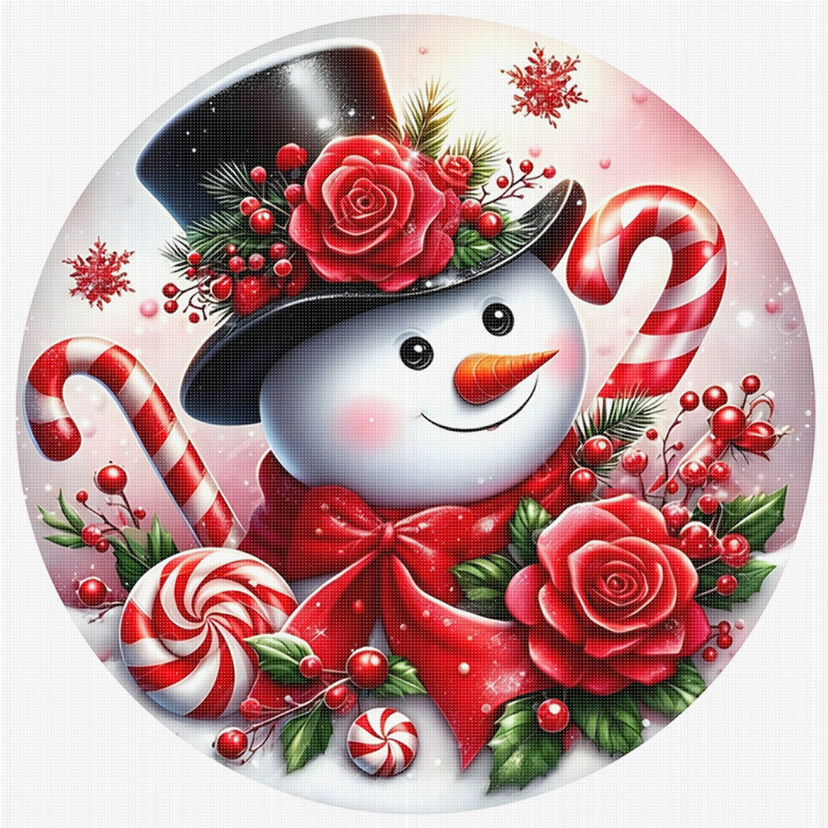 Red Rose Candy Snowman - Full Stamped Cross Stitch 25x25CM - Huacan