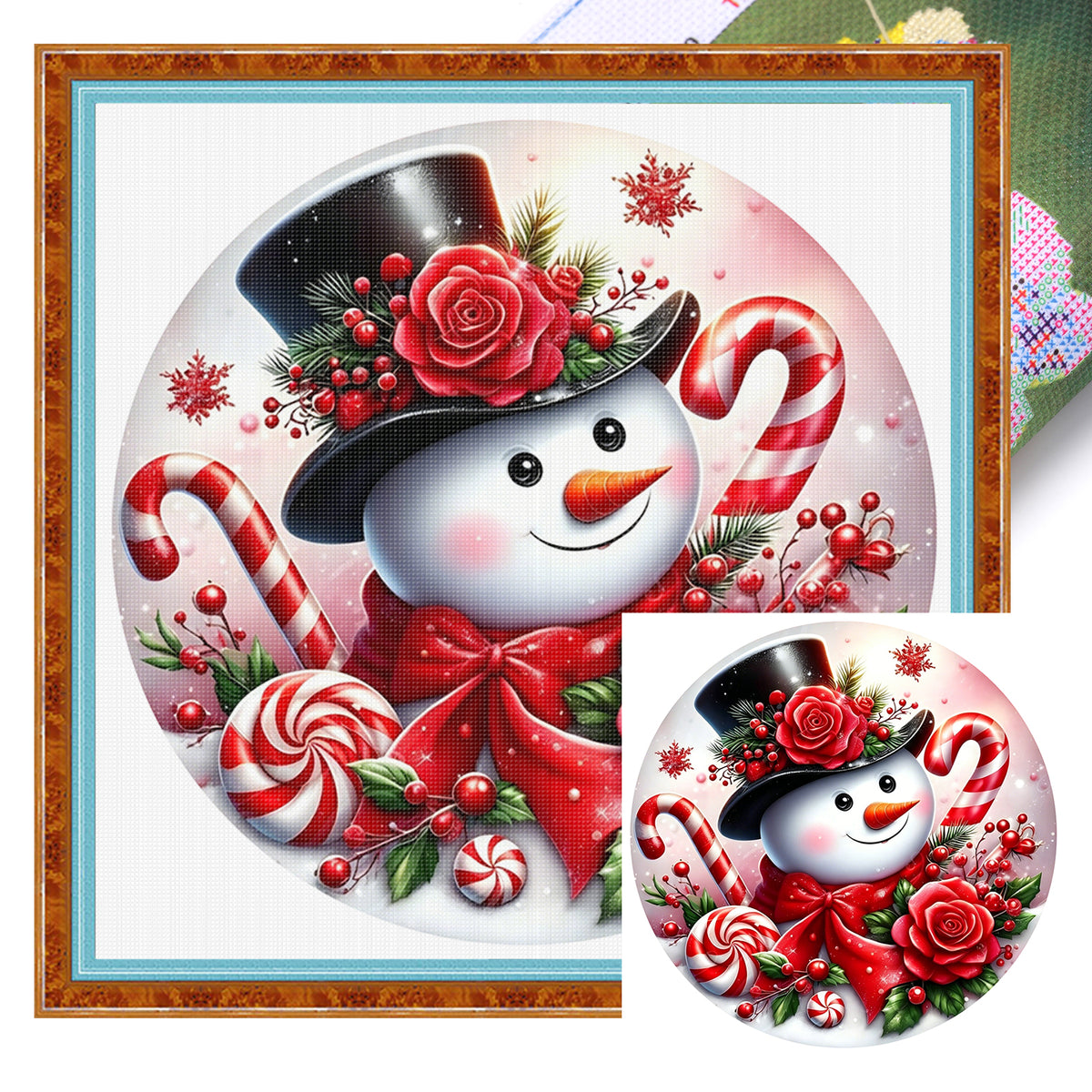 Red Rose Candy Snowman - Full Stamped Cross Stitch 25x25CM - Huacan