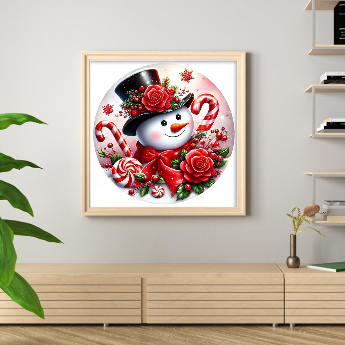 Red Rose Candy Snowman - Full Stamped Cross Stitch 25x25CM - Huacan