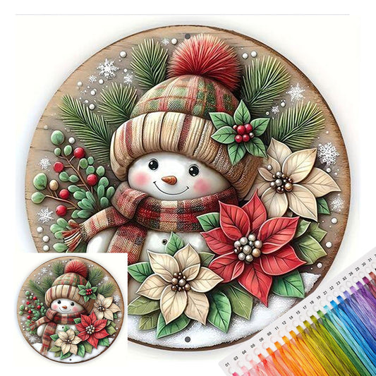 Schneemann mit Blumenmuster im Schottenkaro – Vollständig vorgedruckter Kreuzstich 25x25 cm – Huacan