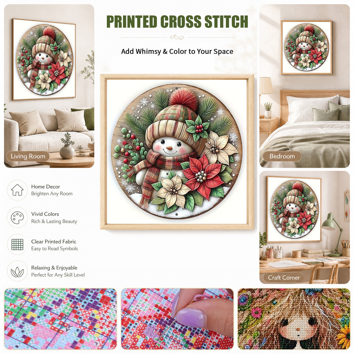 Plaid Floral Snowman - Full Stamped Cross Stitch 25x25CM - Huacan