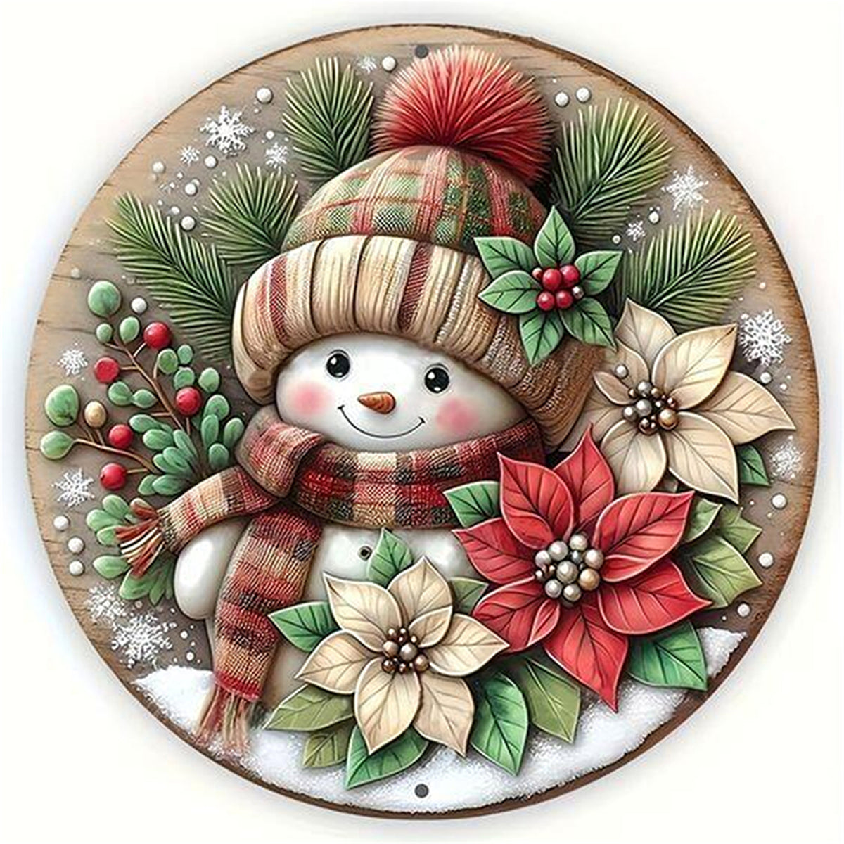Plaid Floral Snowman - Full Stamped Cross Stitch 25x25CM - Huacan