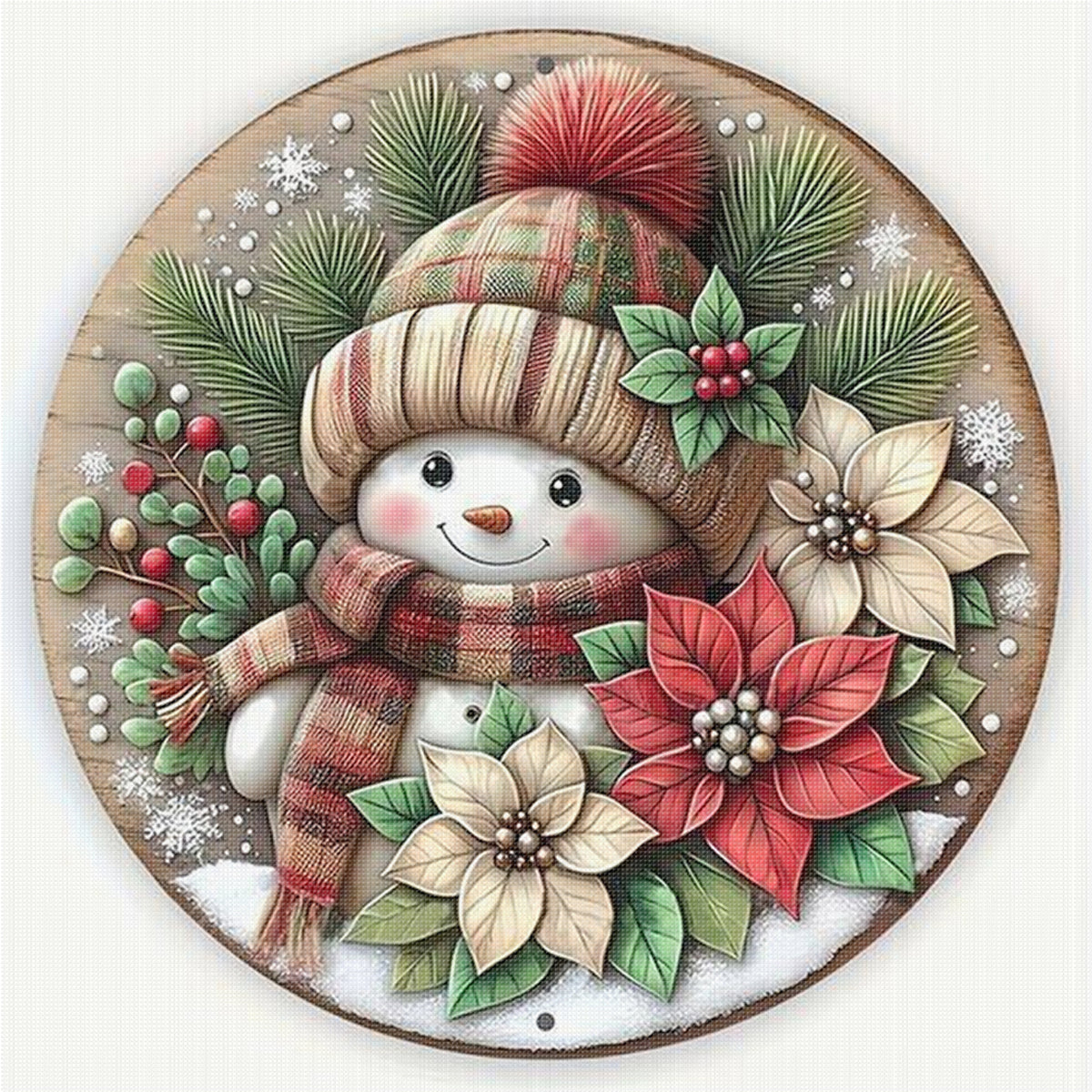 Plaid Floral Snowman - Full Stamped Cross Stitch 25x25CM - Huacan