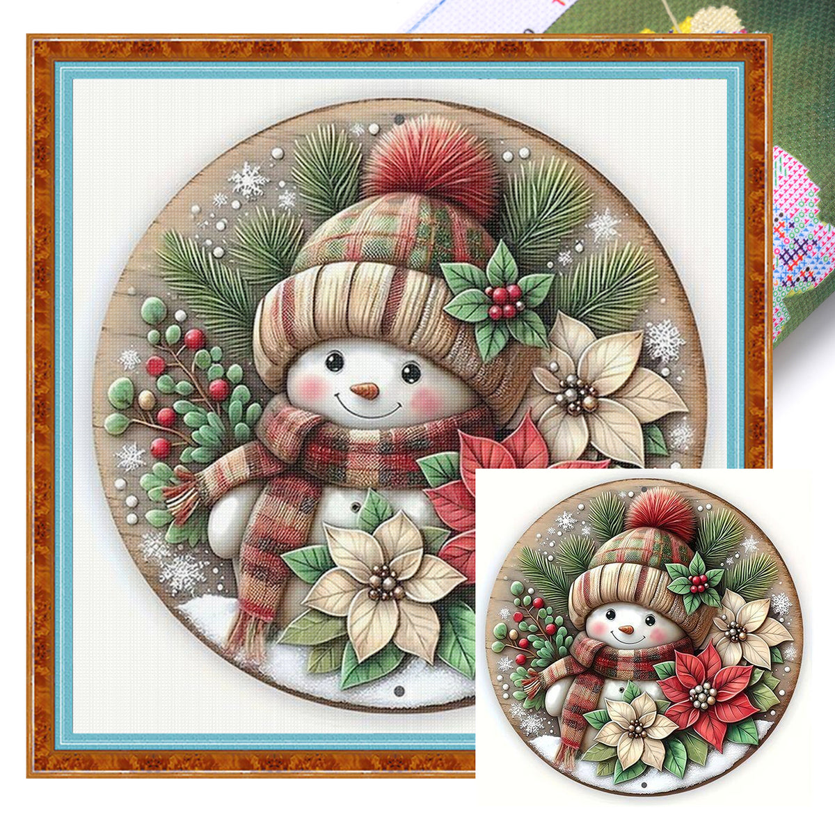 Plaid Floral Snowman - Full Stamped Cross Stitch 25x25CM - Huacan