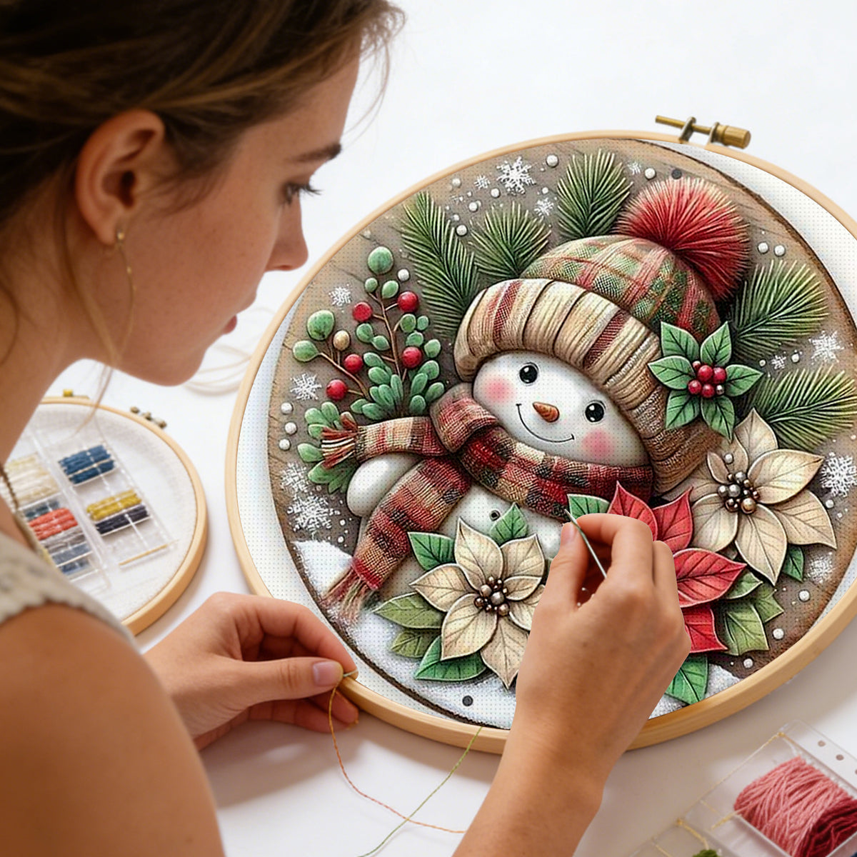 Plaid Floral Snowman - Full Stamped Cross Stitch 25x25CM - Huacan