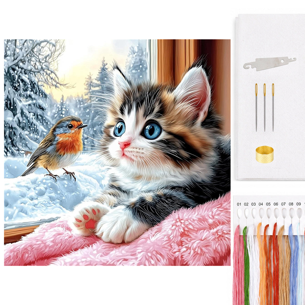 Kitten And Robin At The Window-Bird/Cat - Full 14CT Counted Cross Stitch 40*40CM - Yishu
