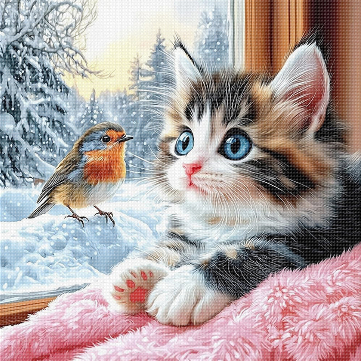 Kitten And Robin At The Window-Bird/Cat - Full 14CT Counted Cross Stitch 40*40CM - Yishu