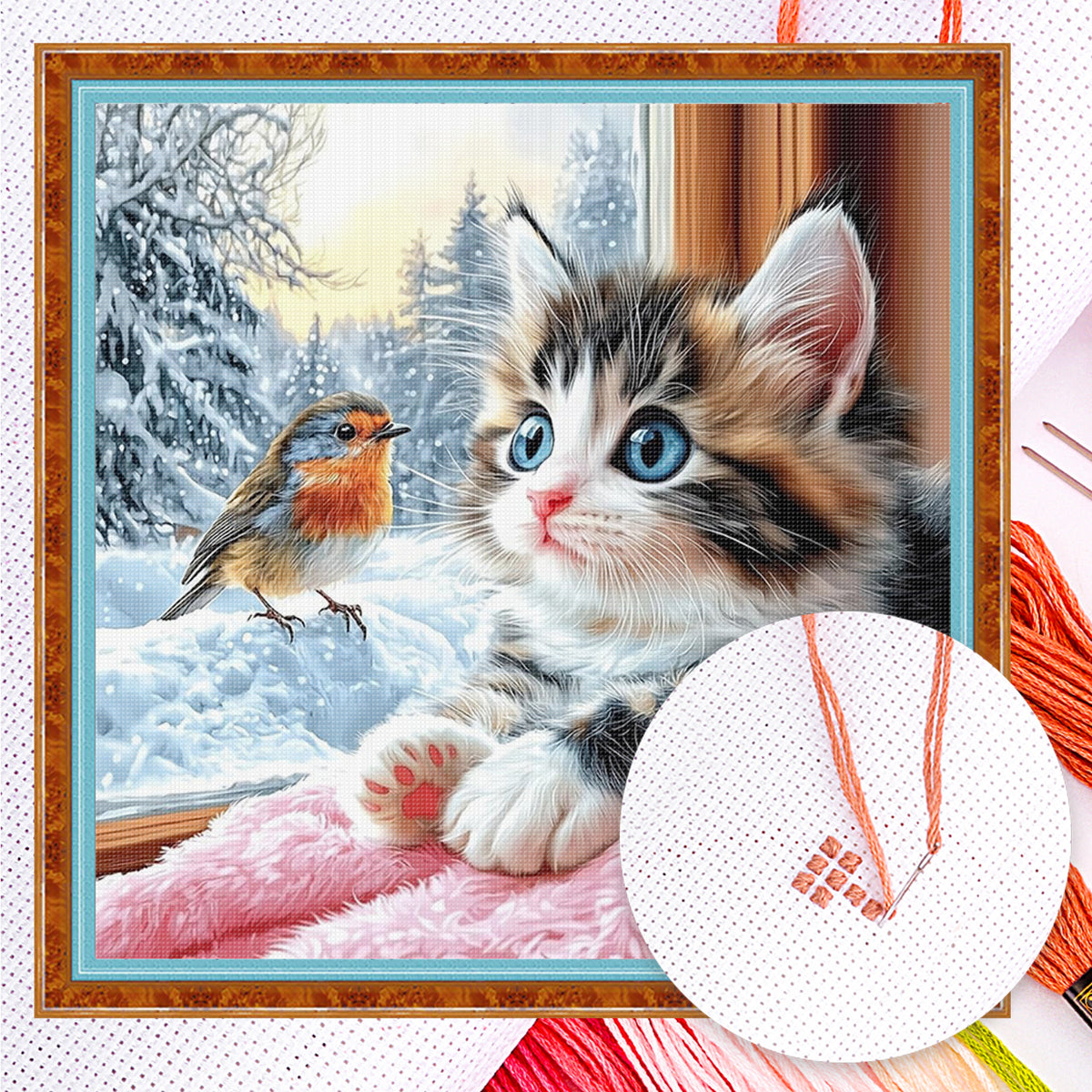 Kitten And Robin At The Window-Bird/Cat - Full 14CT Counted Cross Stitch 40*40CM - Yishu