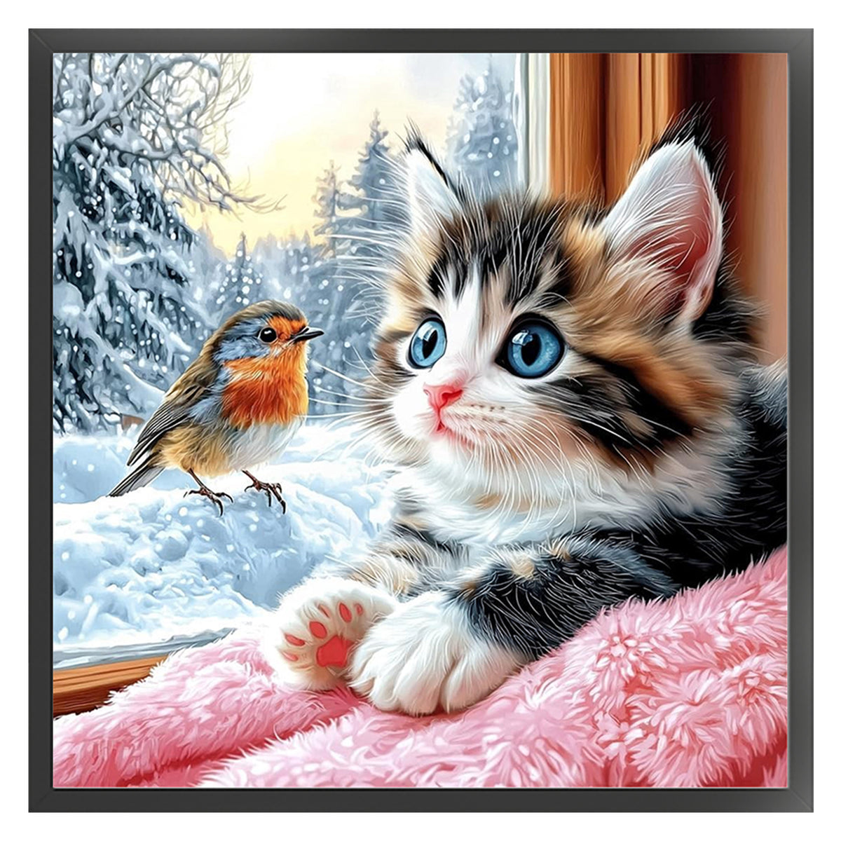 Kitten And Robin At The Window-Bird/Cat - Full 14CT Counted Cross Stitch 40*40CM - Yishu
