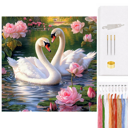 Schwäne und Lotus - Vollständiges 14CT gezähltes Kreuzstichset 40*40CM - Yishu