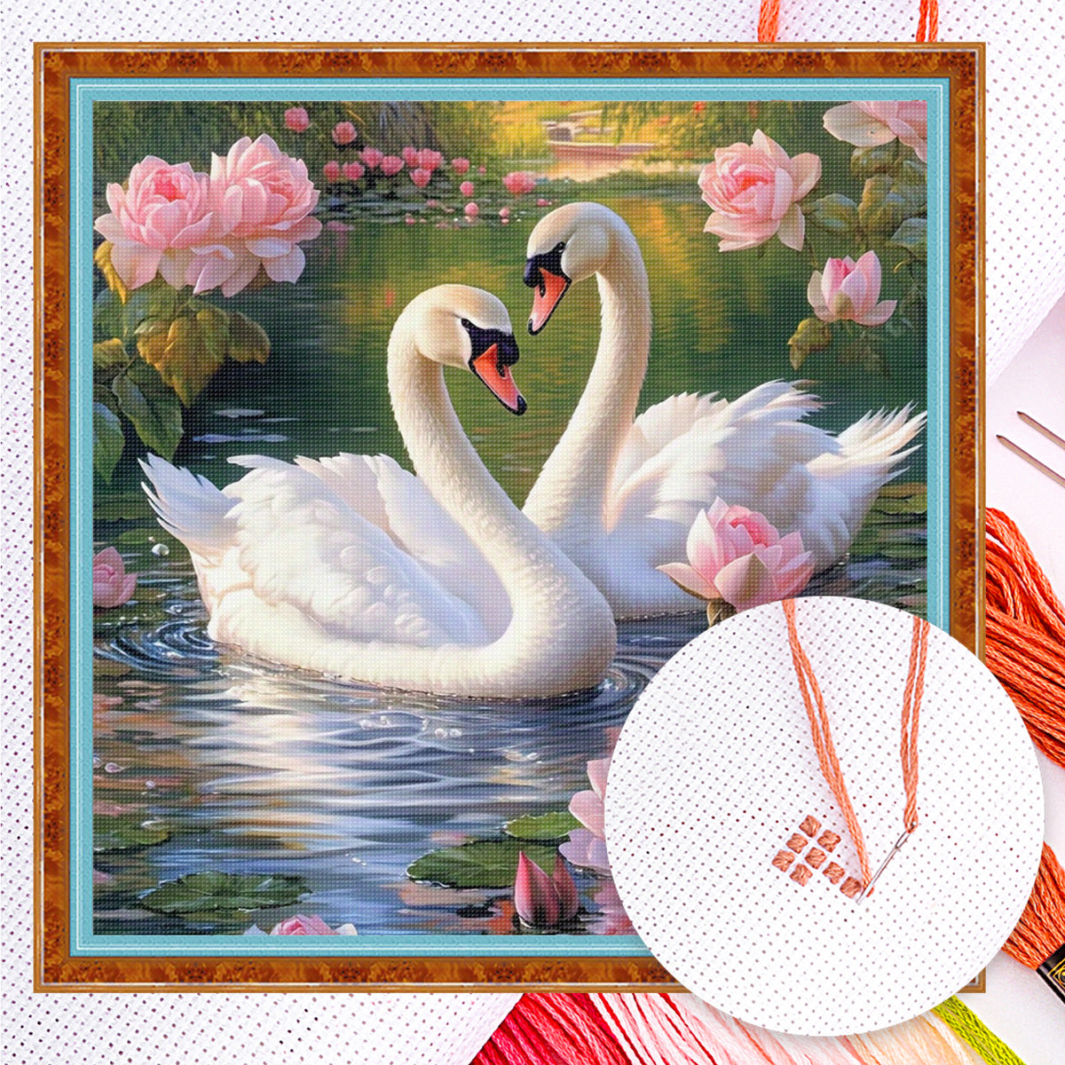 Schwäne und Lotus - Vollständiges 14CT gezähltes Kreuzstichset 40*40CM - Yishu
