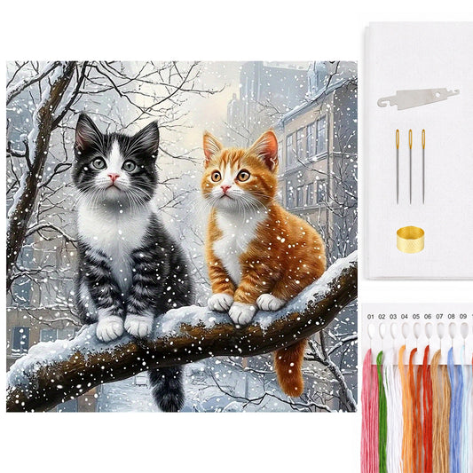 Katzen auf einem verschneiten Zweig – Vollständiges 14CT Zählkreuzstich-Set 40*40CM – Yishu