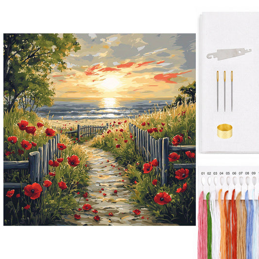 Mohnstrand bei Sonnenuntergang - Komplettes 14CT gezähltes Kreuzstichset 40*40CM - Yishu
