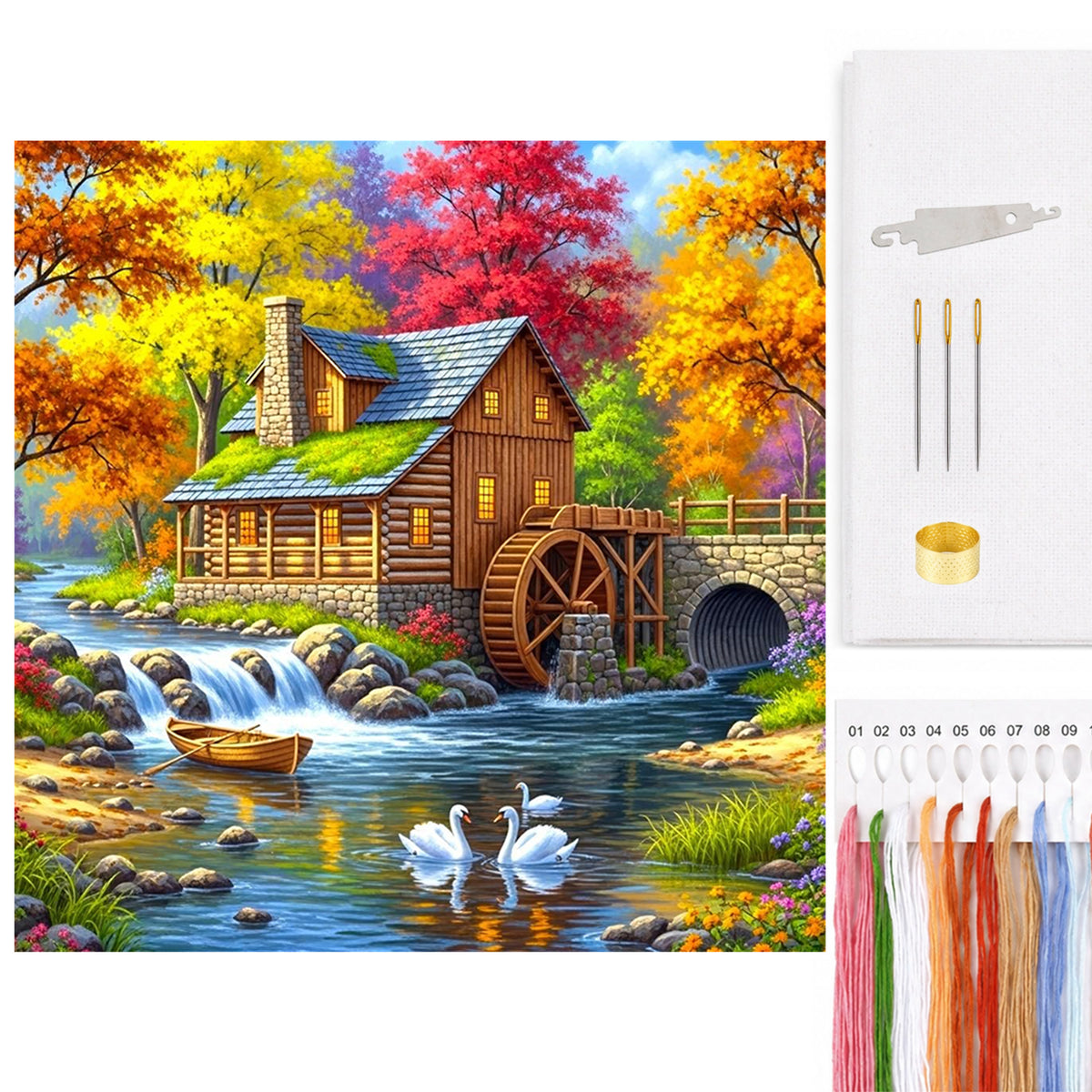 Autumn Watermill Cabin - Full 14CT Counted Cross Stitch 40*40CM - Yishu