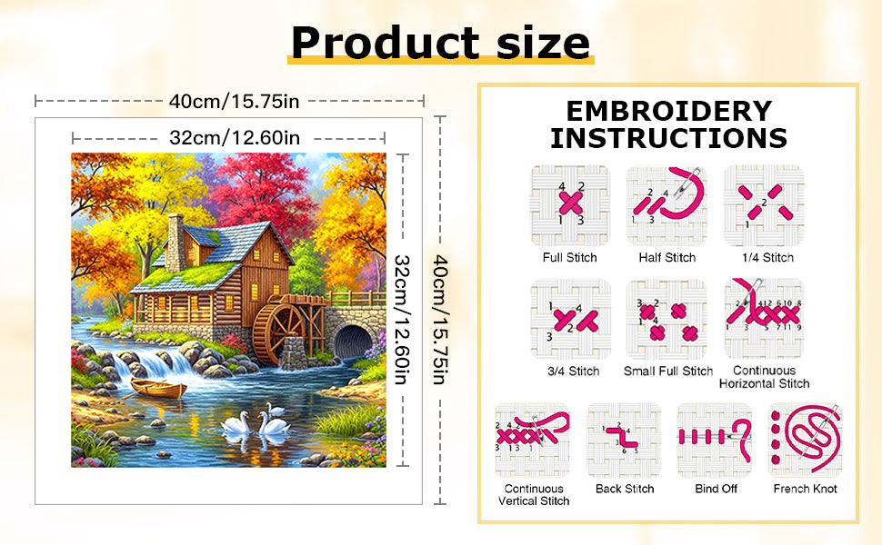 Autumn Watermill Cabin - Full 14CT Counted Cross Stitch 40*40CM - Yishu