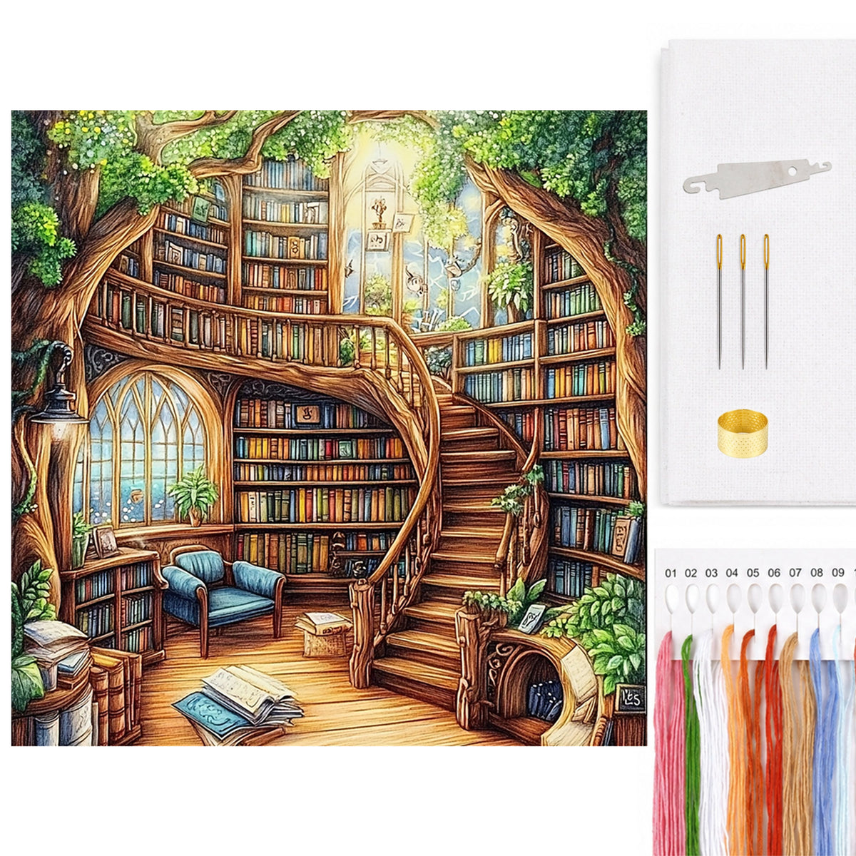Baumhaus-Bibliothek – Komplettes 14CT gezähltes Kreuzstichset 40*40cm – Yishu
