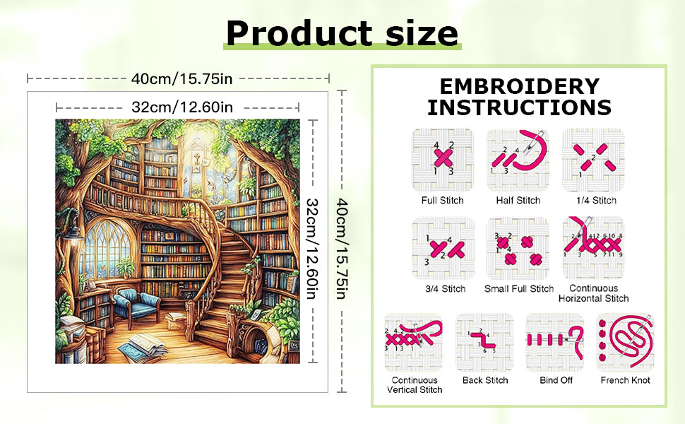Baumhaus-Bibliothek – Komplettes 14CT gezähltes Kreuzstichset 40*40cm – Yishu