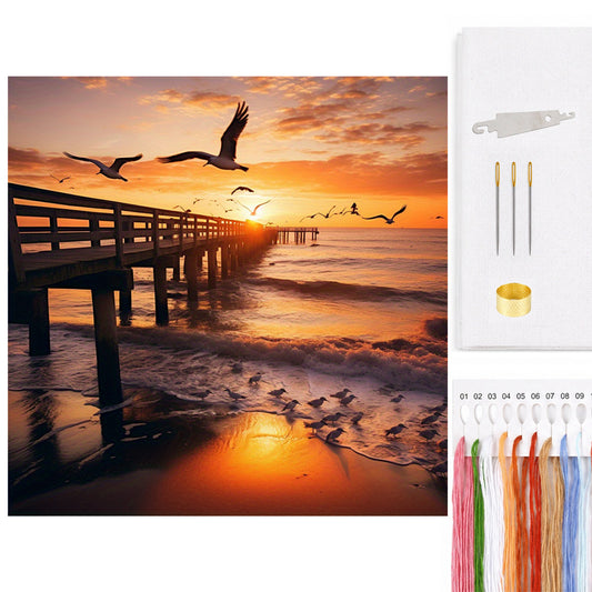 Möwen am Pier bei Sonnenuntergang - Vollständiges 14CT gezähltes Kreuzstichset 40*40CM - Yishu