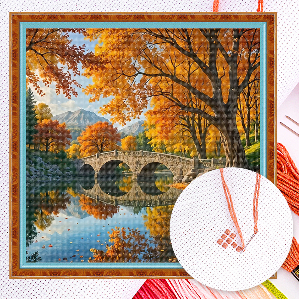 Herbstbrücke am See - Komplettes 14CT Zählmuster-Stickset 40*40CM - Yishu