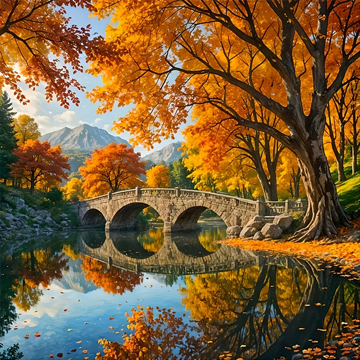 Herbstbrücke am See - Komplettes 14CT Zählmuster-Stickset 40*40CM - Yishu