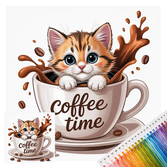 Kätzchen in Kaffeetasse – Vollständiges 14CT-Stempel-Kreuzstich-Set 30x30 cm – Huacan