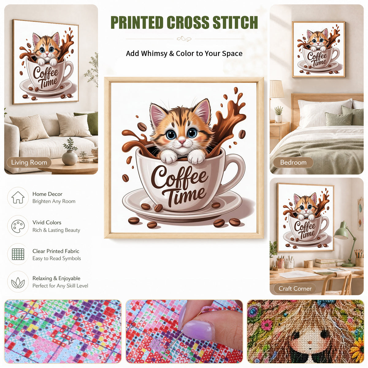 Kitten Coffee Cup-Cat - Full 14CT Stamped Cross Stitch 30x30CM - Huacan