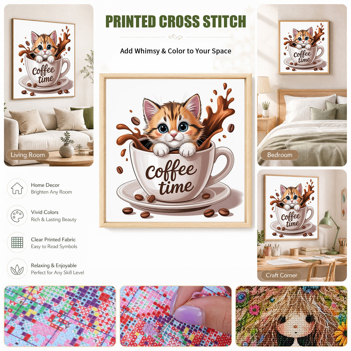 Kitten Coffee Cup-Cat - Full 14CT Stamped Cross Stitch 30x30CM - Huacan