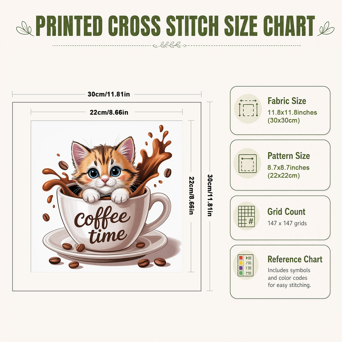 Kitten Coffee Cup-Cat - Full 14CT Stamped Cross Stitch 30x30CM - Huacan