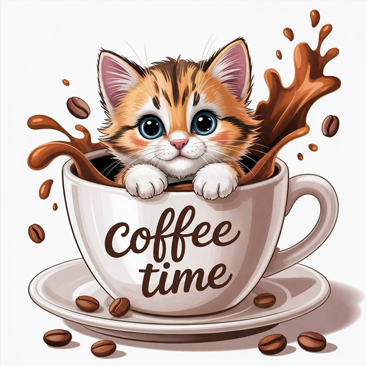 Kitten Coffee Cup-Cat - Full 14CT Stamped Cross Stitch 30x30CM - Huacan