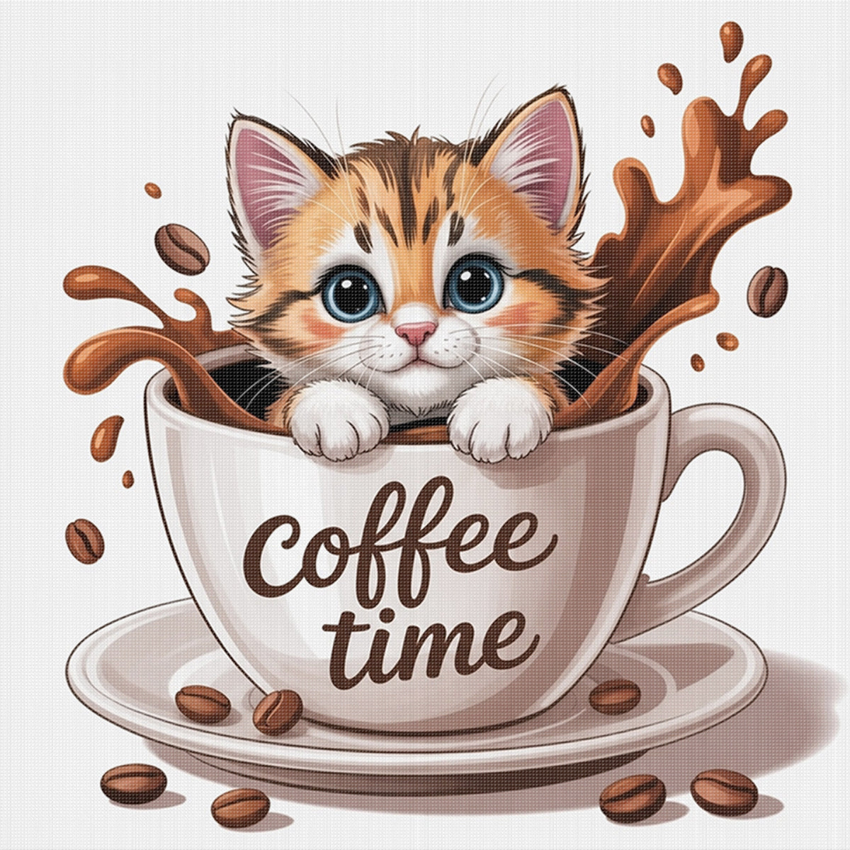 Kitten Coffee Cup-Cat - Full 14CT Stamped Cross Stitch 30x30CM - Huacan