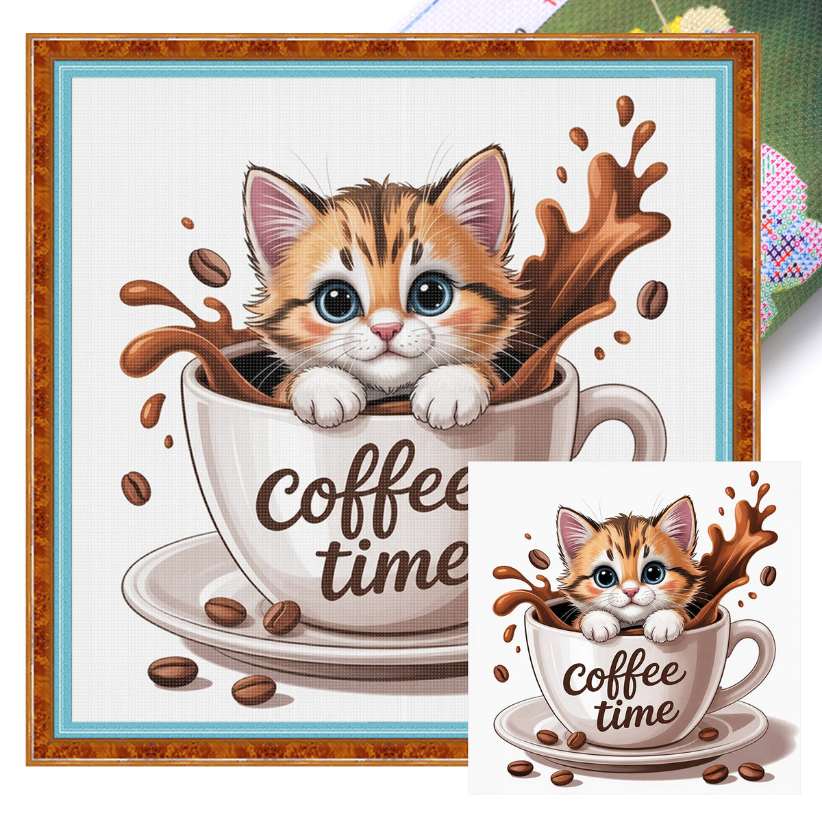 Kitten Coffee Cup-Cat - Full 14CT Stamped Cross Stitch 30x30CM - Huacan